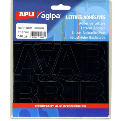 Pochette autocollante impression "Lettres, symboles noirs" 261 stickers en polychlorure de vinyle (PVC) H.47 mm