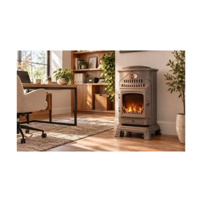 Poele à gaz 3,4 KW MARRON Effet poêle à bois Fonte véritable + Tuyau gaz + détendeur butane Provence Sahara