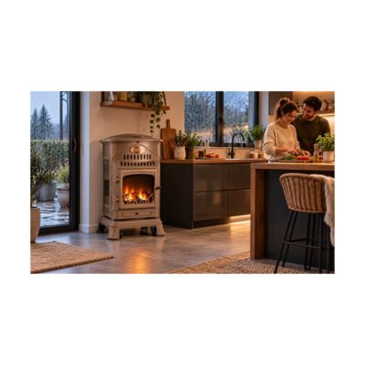 Poele à gaz 3,4 KW MARRON Effet poêle à bois Fonte véritable + Tuyau gaz + détendeur butane Provence Sahara