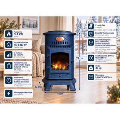 Poele à gaz 3,4 KW Provence Bleu Saphir Effet poêle à bois Fonte