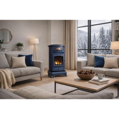 Poele à gaz 3,4 KW Provence Bleu Saphir Effet poêle à bois Fonte
