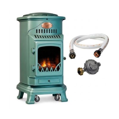 Poele à gaz 3,4 KW Vert Fonte véritable Effet poêle à bois + Tuyau gaz + détendeur butane Provence Sahara