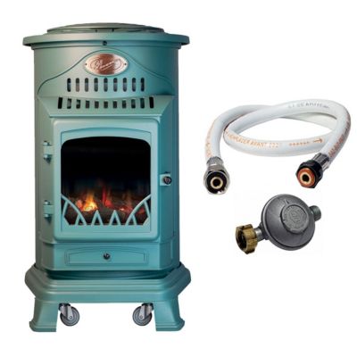 Poele à gaz 3,4 KW Vert Fonte véritable Effet poêle à bois + Tuyau gaz + détendeur butane Provence UNIVERSAL