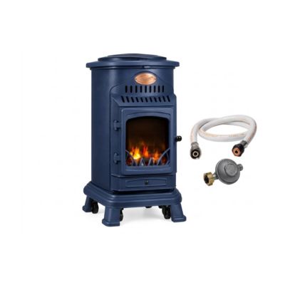 Poele à gaz 3,4KW Bleu Saphir Mat Effet poêle à bois Fonte véritable + Tuyau gaz + détendeur butane Provence Sahara