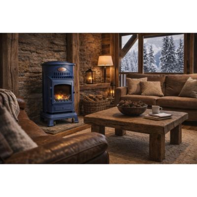 Poele à gaz 3,4KW Bleu Saphir Mat Effet poêle à bois Fonte véritable + Tuyau gaz + détendeur butane Provence Sahara