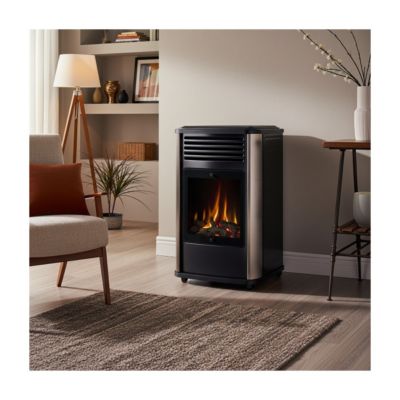 Poele à gaz 3.4KW Noir Effet feu de bois 3 niveaux de chauffe 40-80m2 Manhattan