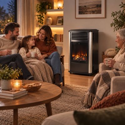 Poele à gaz 3.4KW Noir Effet feu de bois 3 niveaux de chauffe 40-80m2 Manhattan
