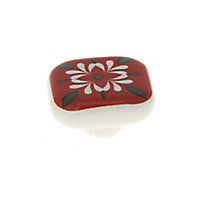 Poignée bouton céramique carreau ciment fleur rouge