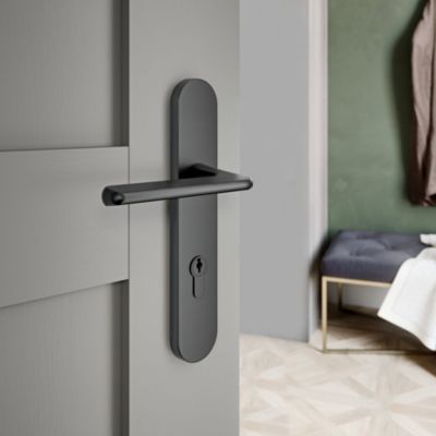 Poignées sur plaque cylindre à serrure aluminium et acier effet titane entraxe 195 mm GoodHome Arzh