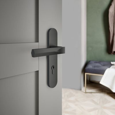 Poignées sur plaque hexagonal à serrure aluminium et acier effet titane mat entraxe 195 mm GoodHome Soaz