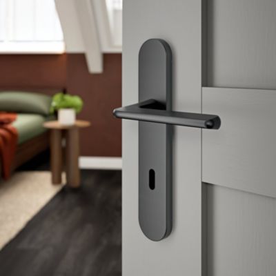 Poignées sur plaque ronde à serrure aluminium et acier effet titane mat entraxe 195 mm GoodHome Arzh