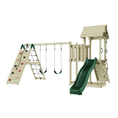 PolarPlay Tour de jeux Roskilde Aire de jeux portique bois avec balançoire et bac à sable avec balançoire et mur d'escalade avec m