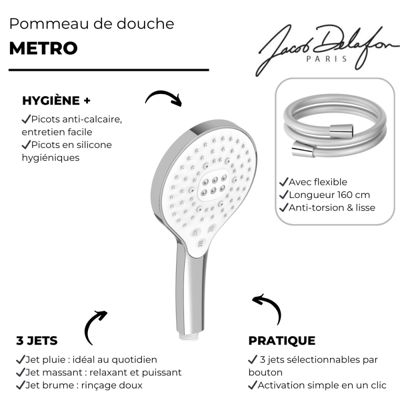 Pommeau de douche 3 jets JACOB DELAFON Metro signature chromé + flexible