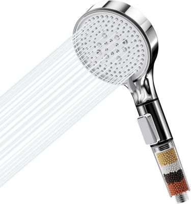 Pommeau de Douche, Douchette avec Filtre, Pommeau de Anti Calcaire Douche Haute Pression, Pommeau Douche avec 5 Modes,  Argent