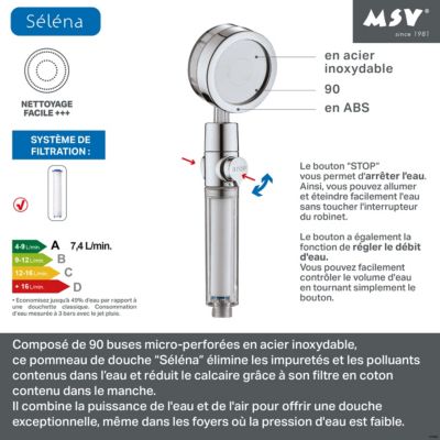 Pommeau de douche filtrant 1 jet, gris, plastique ABS MSV