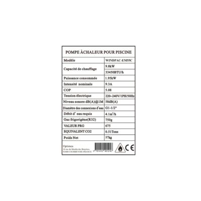 Pompe à chaleur piscine monophasé 9,8kw Optimea WINDPAC-EM55C