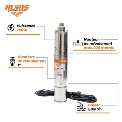Pompe submersible de forage RURIS Aqua 40, 750 W, debit 1880 l/h, refoulement 100 m, cable 15 m, eaux claires, puits et forages