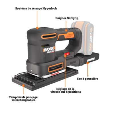 Ponceuse multifonction 20V WORX - WX820.9 (5 en 1, vitesse variable, 5 bases et 15 abrasifs, sans batterie ni chargeur)