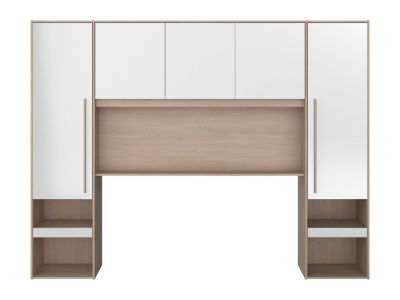 Pont de lit avec rangements - Avec LEDs - L265 cm - Coloris : Blanc brillant et naturel - VELONA