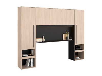 Pont de lit avec rangements - Avec LEDs - L265 cm - Coloris : Naturel et noir - VELONA
