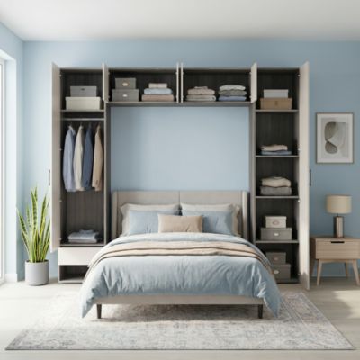 Pont de lit bleu beige cachemire et effet chêne grisé avec 6 portes et 2 tiroirs GoodHome Atomia H. 225 x L. 250 x P. 45 cm