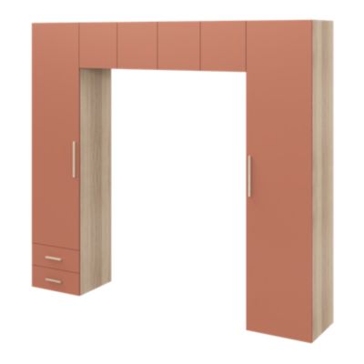 Pont de lit bleu terracotta et effet chêne avec 6 portes et 2 tiroirs GoodHome Atomia H. 225 x L. 250 x P. 45 cm