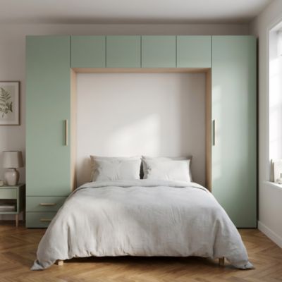Pont de lit vert agave et effet chêne avec 6 portes et 2 tiroirs GoodHome Atomia H. 225 x L. 250 x P. 45 cm