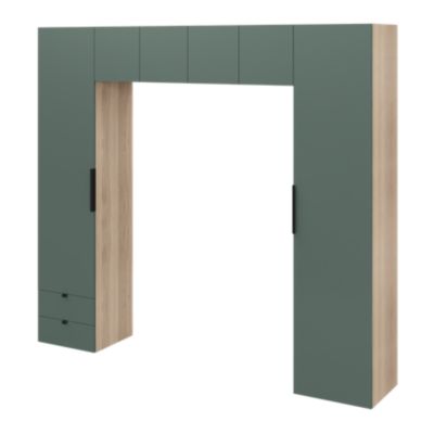 Pont de lit vert forêt et effet chêne avec 6 portes et 2 tiroirs GoodHome Atomia H. 225 x L. 250 x P. 45 cm