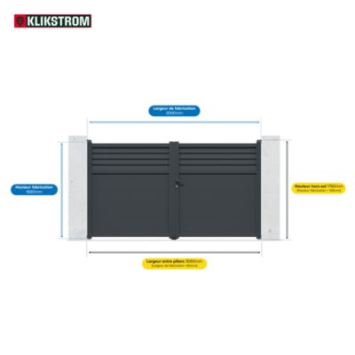 Portail 1/4 persienné battant Neva aluminium gris anthracite RAL 7021 l.300 x H.168 cm Klikstrom