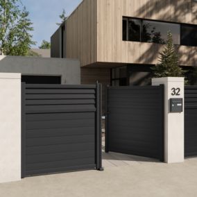 Portail 1/4 persienné battant Neva aluminium gris anthracite RAL 7021 l.350 x H.168 cm Klikstrom