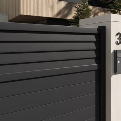 Portail 1/4 persienné coulissant aluminium Neva Klikstrom + motorisation Somfy l.360 x H.168 cm gris anthracite RAL 7021