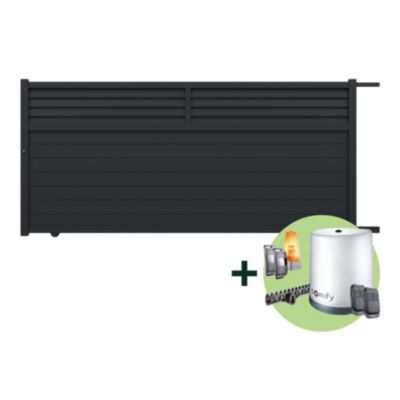 Portail 1/4 persienné coulissant aluminium Neva Klikstrom + motorisation Somfy l.360 x H.168 cm gris anthracite RAL 7021