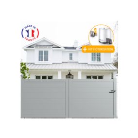 Portail alu coulissant plein en kit +MOT dim. L.3500 (entre piliers) X H.1700 mm  Gris Lumière (7035)