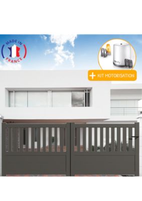 Portail alu coulissant semi-ajouré en kit +MOT dim. L.3000 (entre piliers) X H.1300 mm  Gris Quartz (7039)