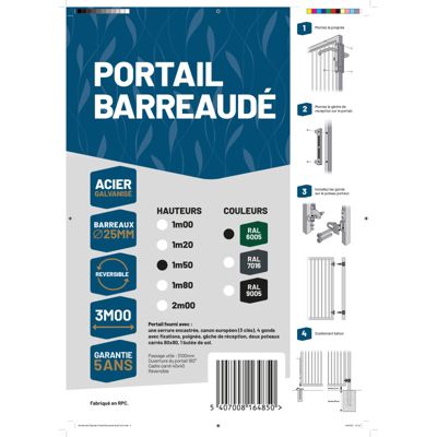 Portail barreaudé acier galvanisé passage 3m00 H 1m50 Vert