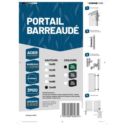 Portail barreaudé acier galvanisé passage 3m00 H 2m00 Vert