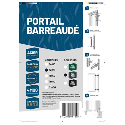 Portail barreaudé acier galvanisé passage 4m00 H 1m20 Gris anthracite