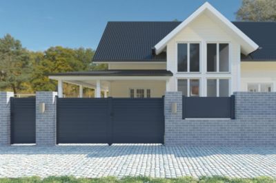 Portail battant 3,5m CARPATIA H.180cm alu gris + 2 poteaux 20x20cm H.190cm