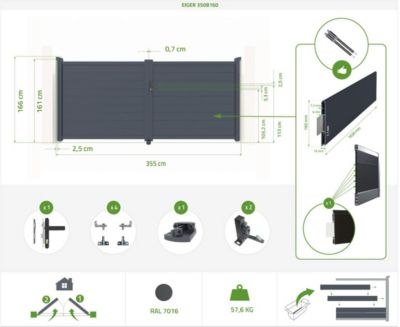 Portail battant 3,5m EIGER H.160cm + Portillon 1m EIGER H.160cm aluminium gris