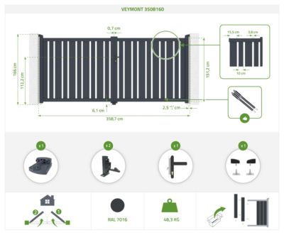 Portail battant 3,5m VEYMONT H.160cm aluminium gris
