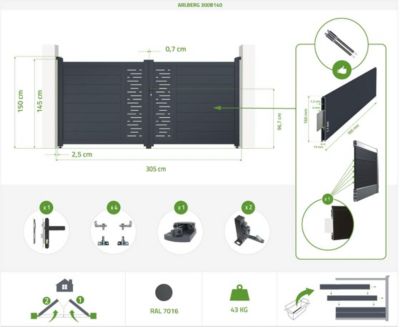 Portail battant 3m ARLBERG H.140cm + Portillon 1m ARLBERG H.140cm aluminium gris