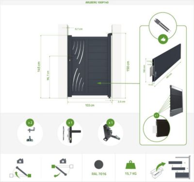 Portail battant 3m ARLBERG H.140cm + Portillon 1m ARLBERG H.140cm aluminium gris
