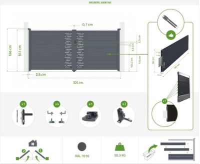 Portail battant 3m ARLBERG H.160cm + 2 poteaux H.190cm aluminium gris
