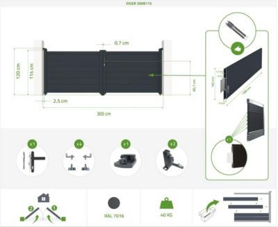 Portail battant 3m EIGER H.115cm + Portillon 1m EIGER H.115cm aluminium gris