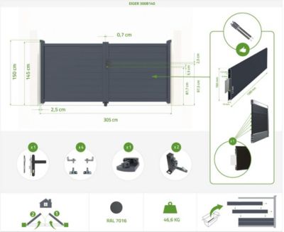 Portail battant 3m EIGER H.140cm + 2 poteaux H.166cm aluminium gris