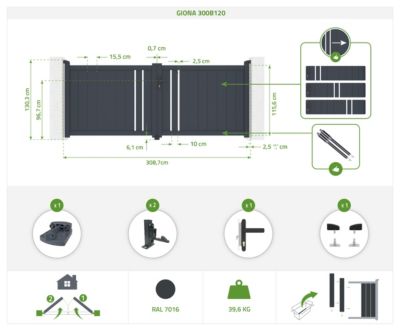 Portail battant 3m GIONA H.120cm aluminium gris