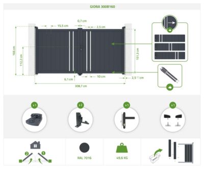 Portail battant 3m GIONA H.160cm aluminium gris