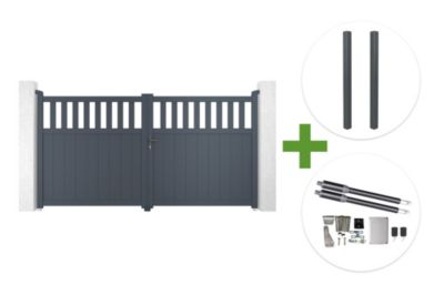 Portail battant 3m SANTIS H.160cm aluminium gris + 2 poteaux ELDA ...