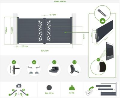 Portail battant 3m SUNNY H.140cm alu gris + 2 poteaux 20x20cm H.166cm