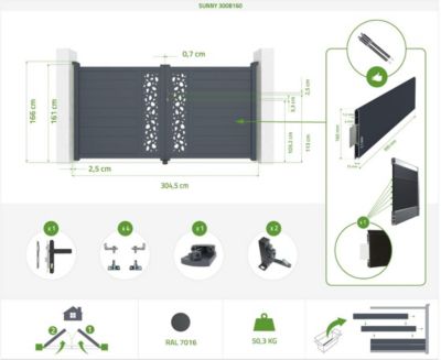 Portail battant 3m SUNNY H.160cm + Portillon 1m SUNNY H.160cm aluminium gris